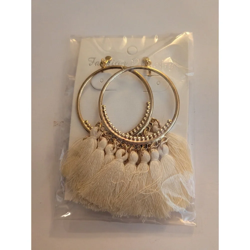 Gold Tone Hoop Earrings with Cream Tassel Fringe Boho Beaded Statement Jewelry